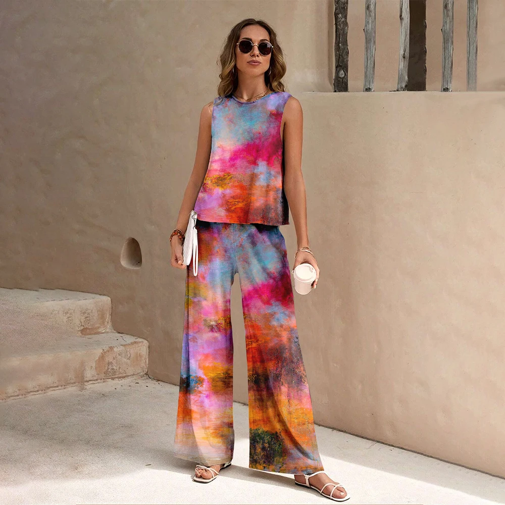 Harajuku Colorful Floral Pattern Print 2 Piece Womens Elegant O Neck Pullover And Straight Leg Pants Set Spring Summer Beach Set