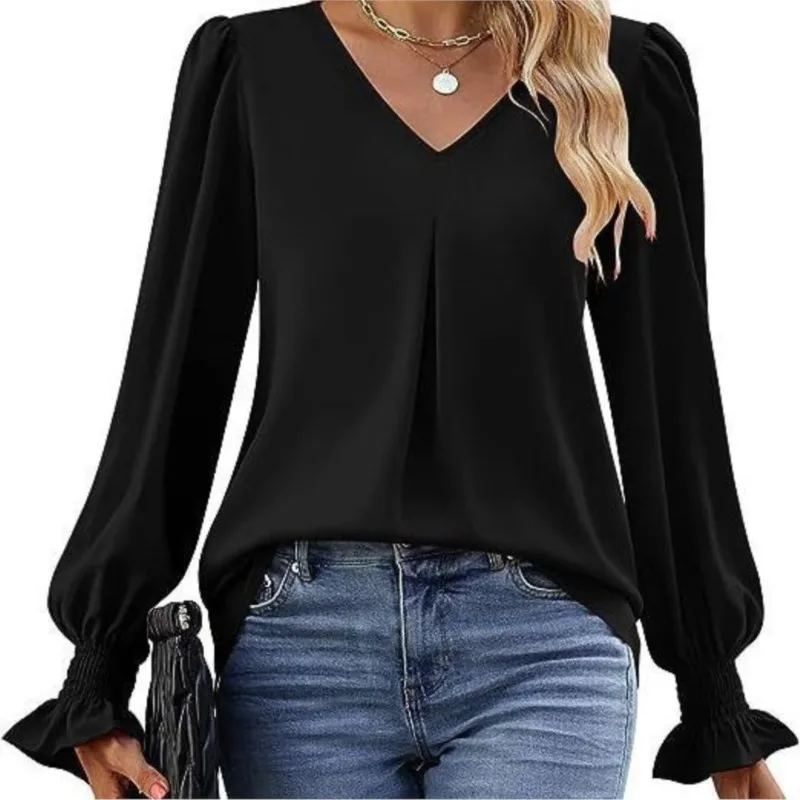 Women\'s New Solid Color Chiffon Shirt V-neck Pullover Flared Long Sleeved Top Shirt Office Lady Elegant Khaki Loose Blouses Y2k