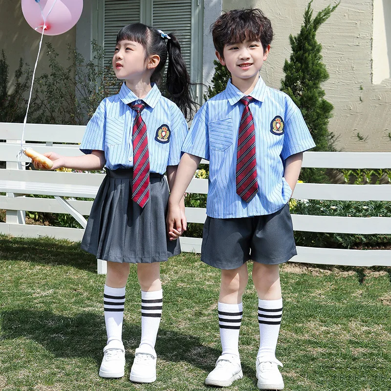 RAISE Summer Kids Siblings Attire Cotton Striped T-shirt+pleated Skirts Outfits Preppy Sticker Kids Boys Tops Suits Matching Set