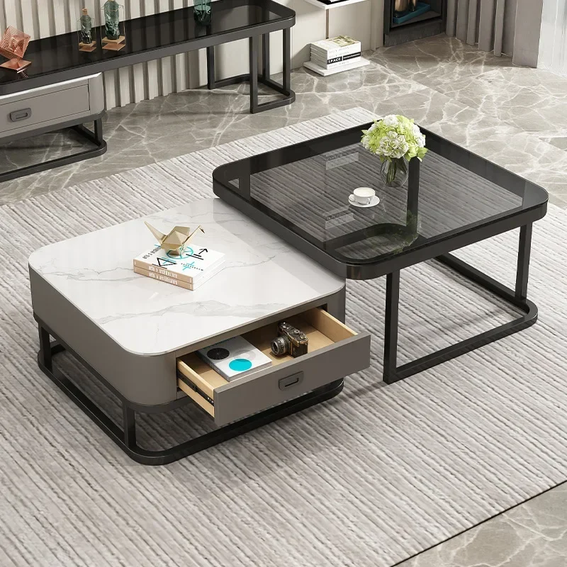 Luxury Light 2pcs Slate Coffee Tables Combination Scalable Creative Metal Glass Center Table for Living Room Storage Furniture