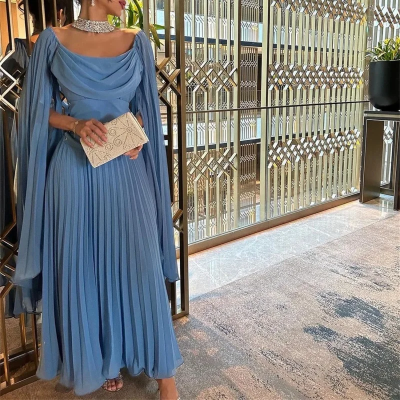 

Women'S Chiffon Round Neck Exquisite Pleated Ball Dress Shawl Sleeve Evening Dress Ankle-Length Formal Occasion Dress