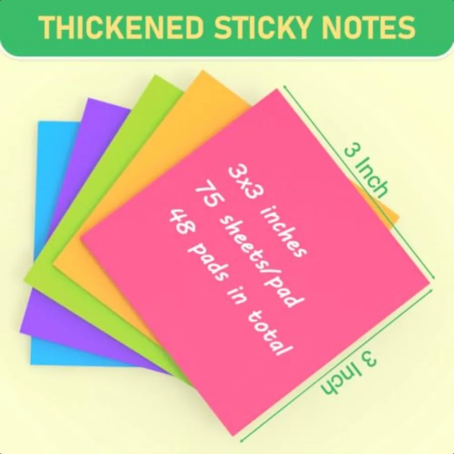 Sticky Notes 3x3 Inch 48 Pads Bright Colors SelfStick Memo Pads Thick Paper Easy to Stick Remove