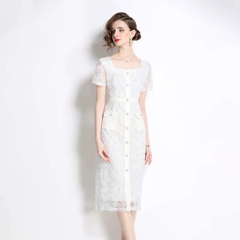 Fashion Runway Summer Lace Sheath Dress Vintage Women Square Collar Button Flower Embroidery Bodycon Long Dresses