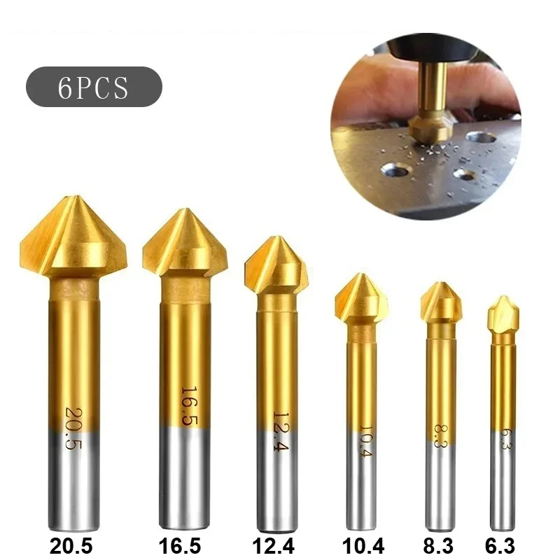 

Titanium Round Shank 3 Flute HSS Chamfering Cutter 6.3-20.5MM 90 Degree End Mill Countersink Drill Bit Set