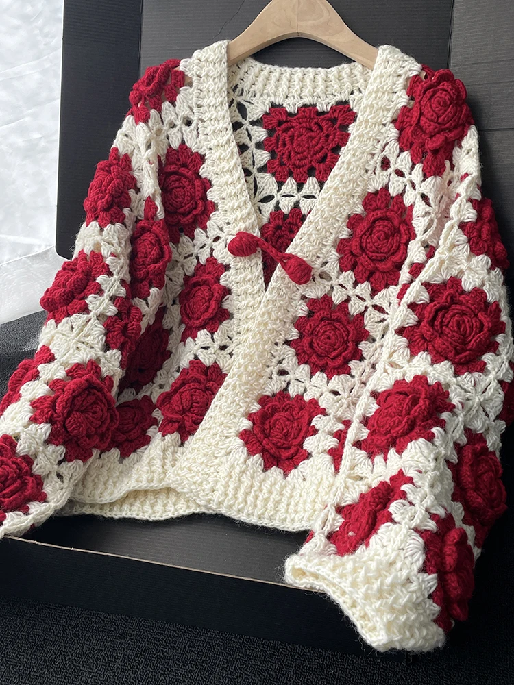 

Вязаный крючком кардиган с розой, шерстяной ручной работы, 3D цветок, ажурный вязаный свитер ручной работы с цветочным принтом, женский слой Cottagecore