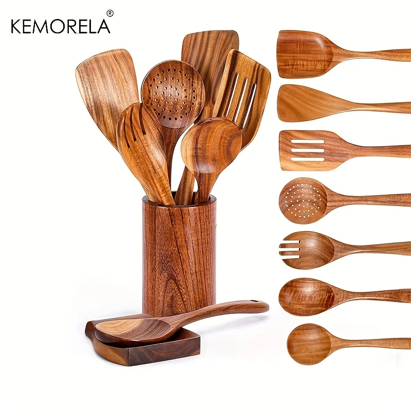 9PCS Wooden Spoons For Cooking, Wooden Utensils For Cooking With Utensils Holder, Teak Wooden Kitchen Utensils Set