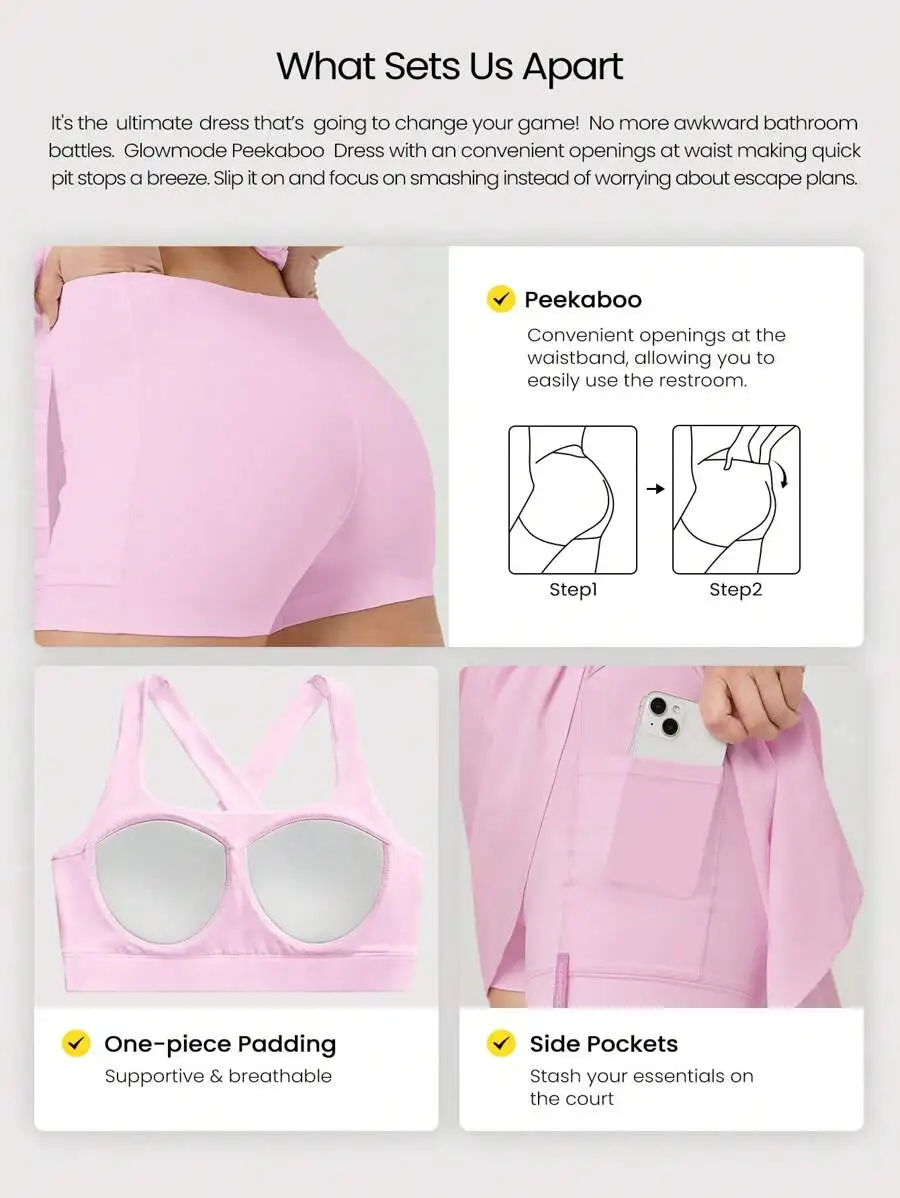 

A-Line Mini Dress With Built-In Shorts Peekaboo Waist Openings Side Pockets Quick Dry Breathable