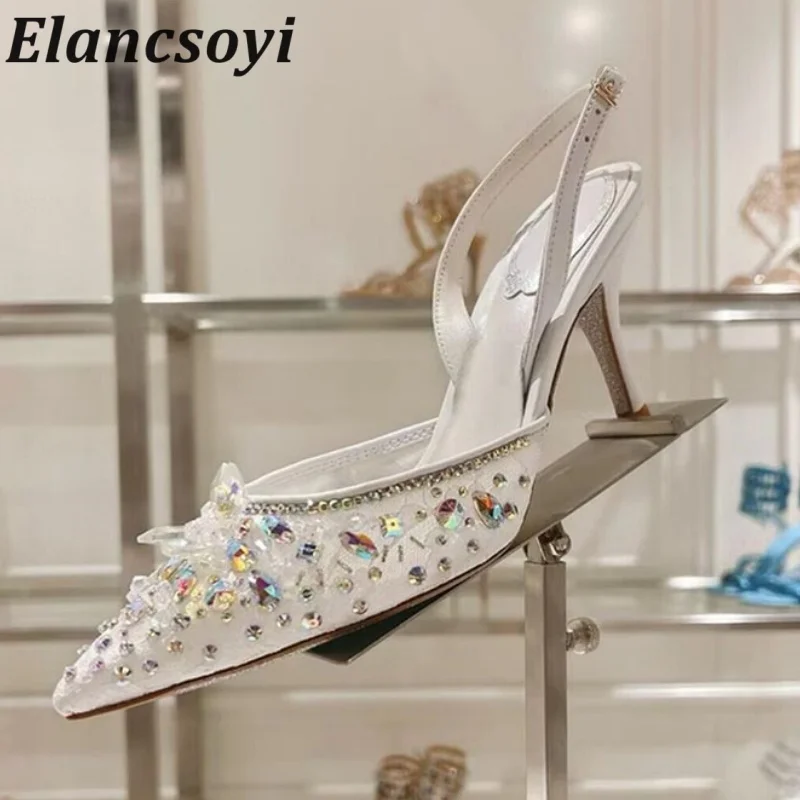 Banquets Shoes Summer Shiny Rhinestone High Heels Sandals Women Mesh Pointed Toe Back Strap Thin Heels Sandalias Party Shoes