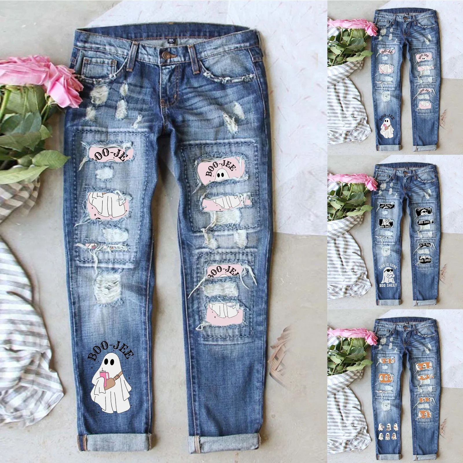 

Women Jeans Ripped Stretch Cute Ghost Pattern Slim Fit Destroyed Butt Lifting Curvy Denim Casual Pants Pantalones De Mujer