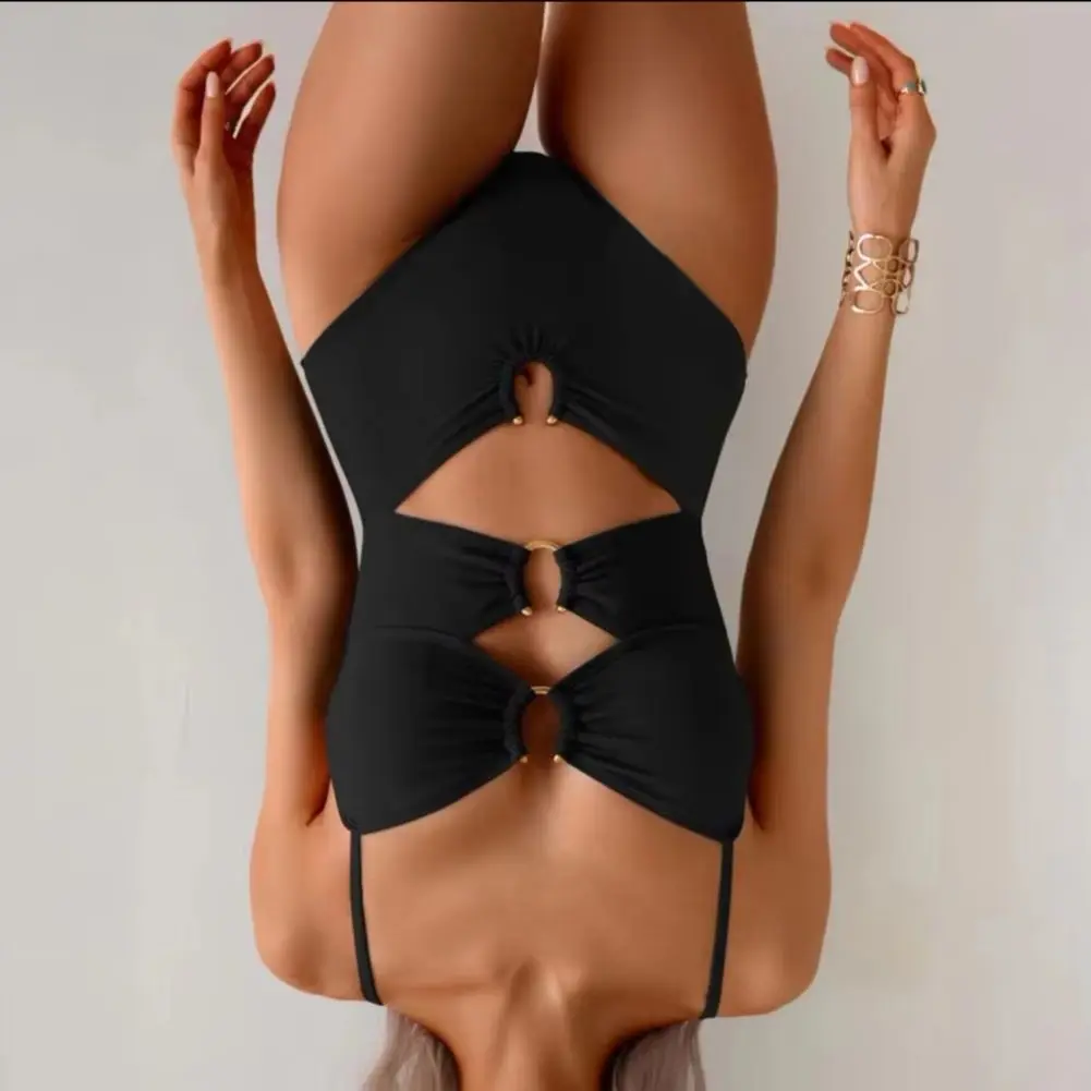Hollow Sexy Strappy V-Neck Swimsuit Metal Buckles Strappy One-piece Monokini Underwire Push-Up Bra One-Piece Women Bikini Set