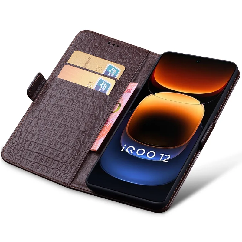 

Wobiloo Genuine Leather Magnet Clasp Phone Case For Vivo Iqoo 12 Iqoo12 Pro Kickstand Holster Cover Protective Full Funda Cases