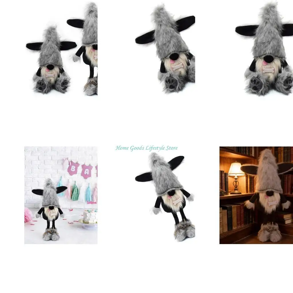 E74E Artistic Black Dog Gnomes Sculpture Plush Dolls Handmade Dog Ear Swedish Tomte Figurine Decors for Desk or Shelf Display