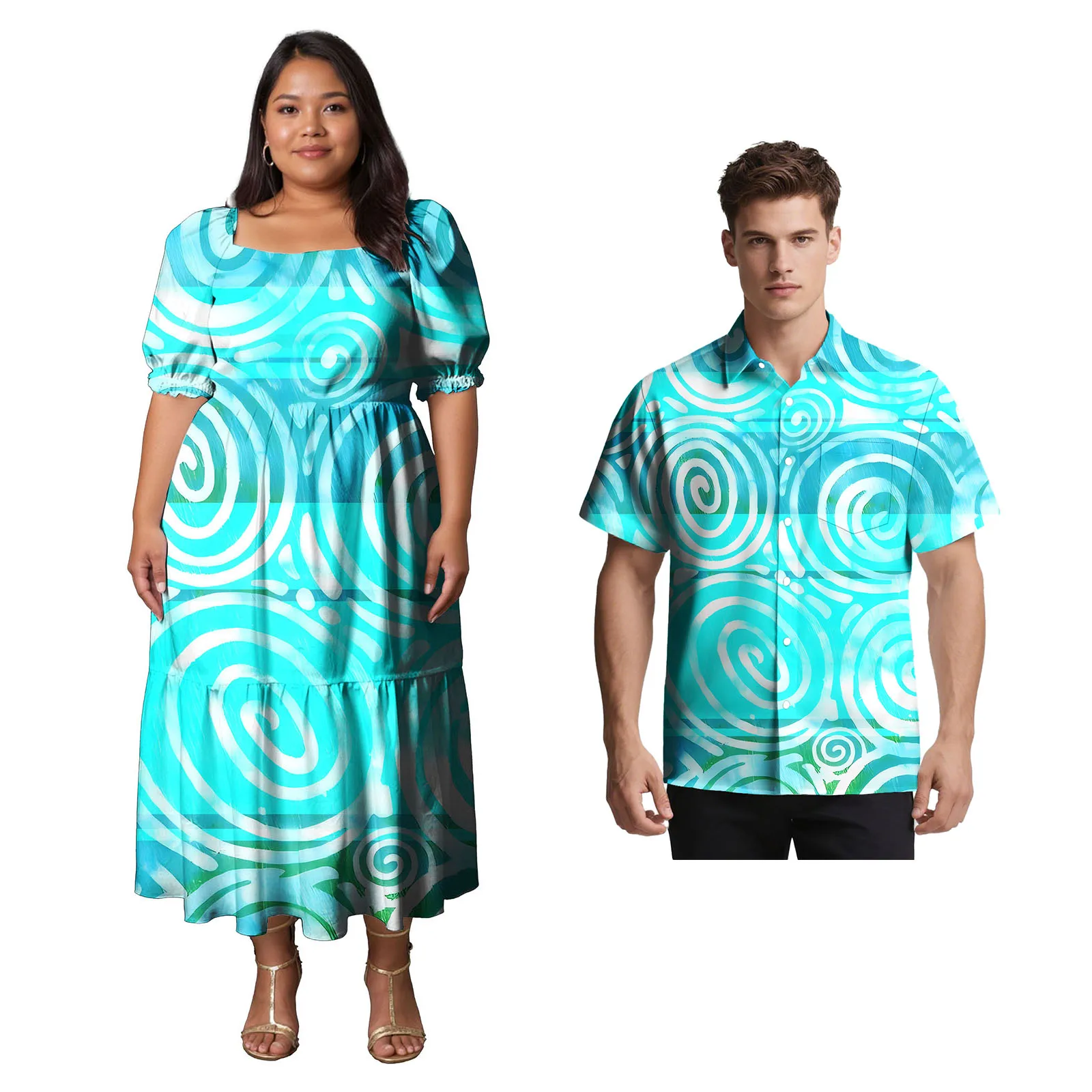 Süße Liebhaber Kleidung Benutzerdefinierte Polynesian Männer Umlegekragen Hemd Aloha Frauen Einfachheit Langes Kleid Samoan Passendes Paar Set