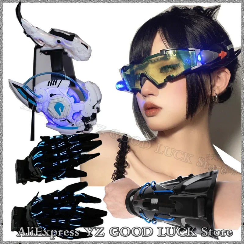 Punk Luminous Cyber Wristbands Gloves Glasses Horns Cosplay Cyber Masked For Technological Gothic Wireless Bluetooth Headset M17