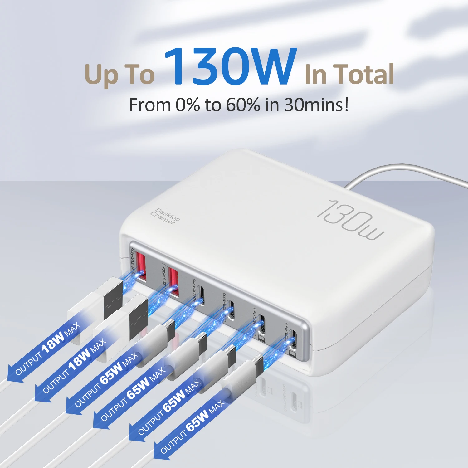 130W Fast Charger 6 Ports QC 3.0 Fast 2 USB Port and 4 Type-C Port Multiple USB Charger EU/UK/US Station for iPad iPhone Series