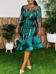 Green Autumn Elegant Dresses Mesh Transparent Sequins African Celebration Sheath Three Quarter Sleeve Sexy Dress Women 2024