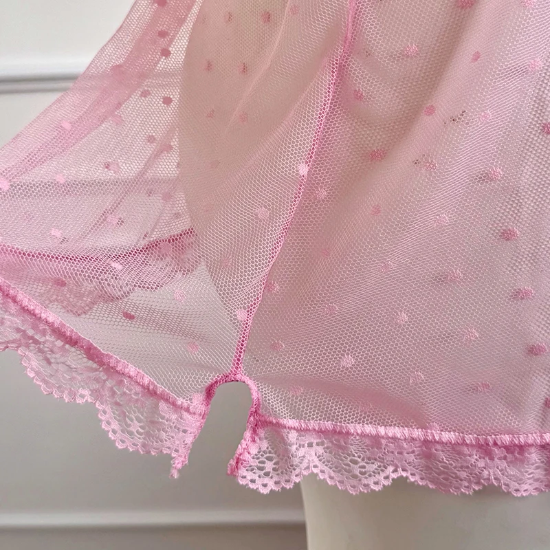 Two Piece Set Pink Sexy Women's Perspective Polka Dot Dress And Thong Set For Home Nightgown Clothing - view 5