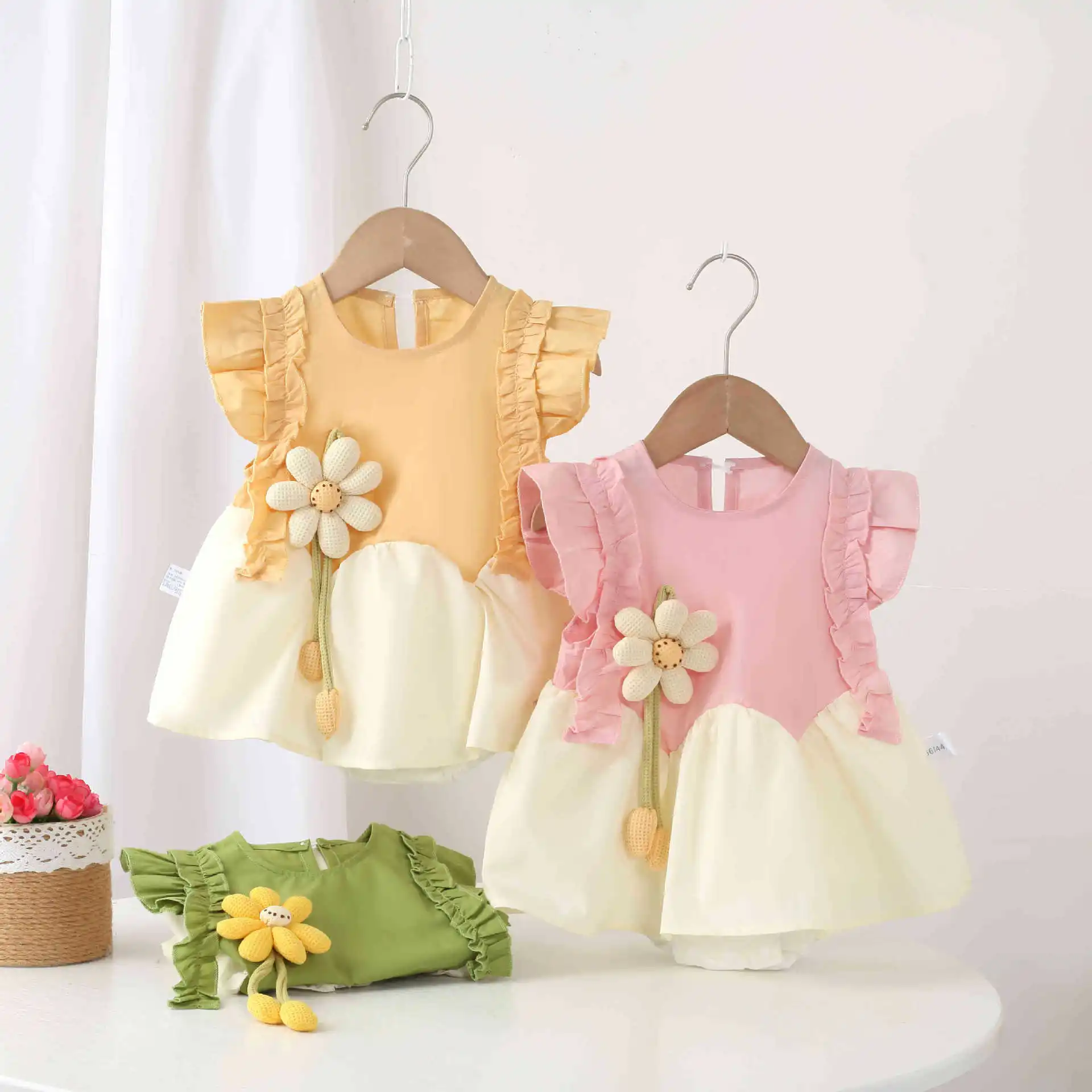 Summer newborn baby girls clothes flower pleated dress jumpsuits for infant girls baby cloth 1st birthday princess rompers dress