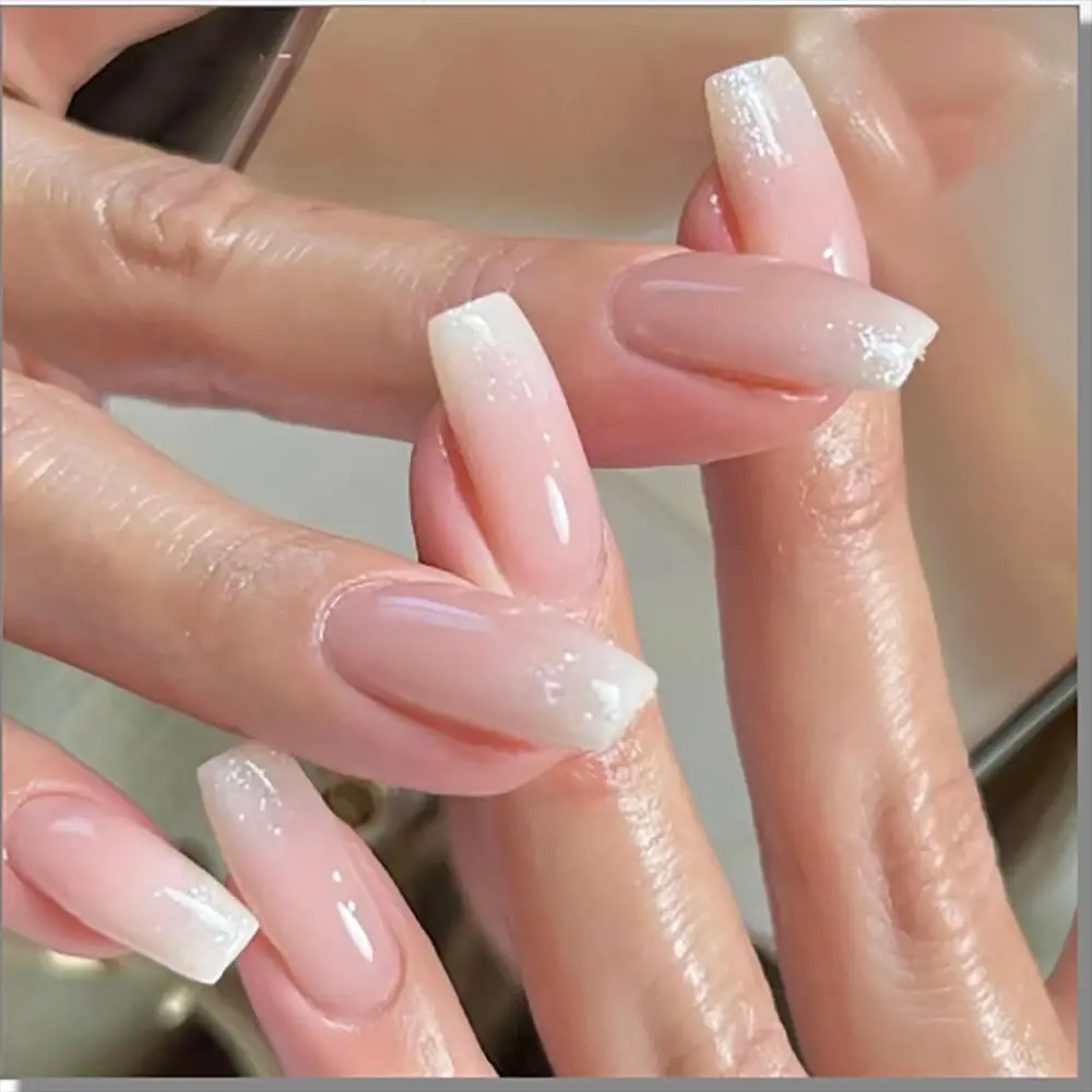 Detachable Manicure Full Cover Press on Nails Rhinestone Nail Art Fine Flash Nude Pink Fake Nails