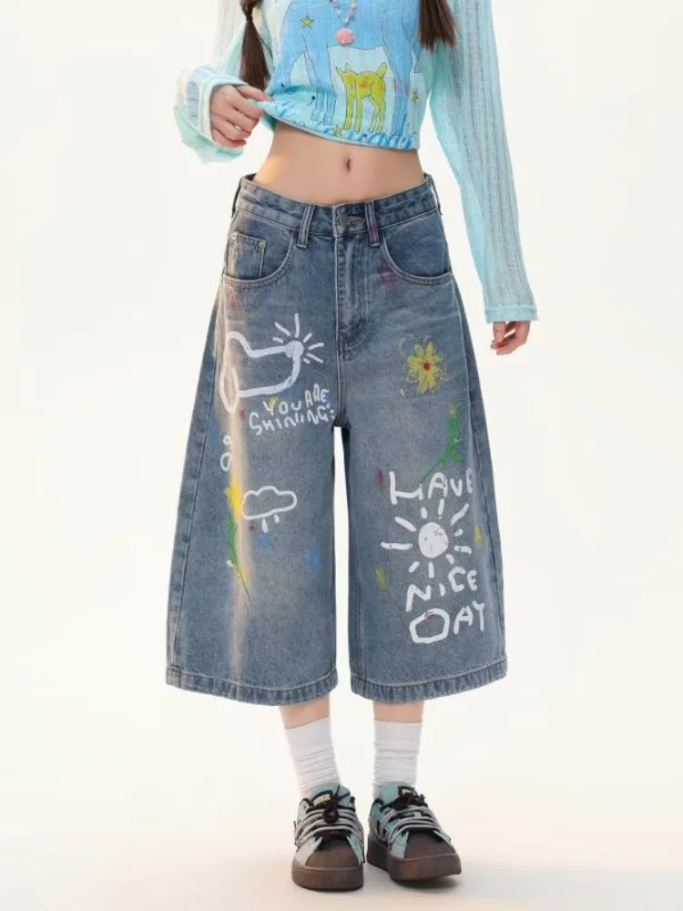 Women's Retro Style Cartoon Graffiti Print Denim Shorts Wide Leg Pant Summer Calf-length Trousers Female High Waist Capris Jeans