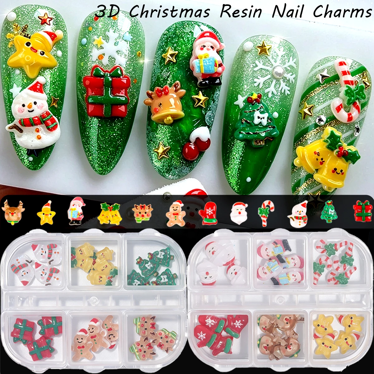 3D Christmas Resin Nail Charms, Cute Santa Snowman Reindeer Gingerbread Man Xmas Gift Box Tree Candy Cane Nail Decor Accessories