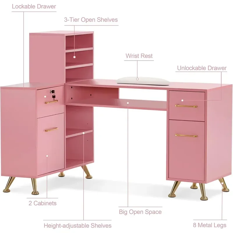 L Shaped Manicure Table With Drawers Storage Rack Salon Corner Nail Desk Beauty Dressing Station Furniture