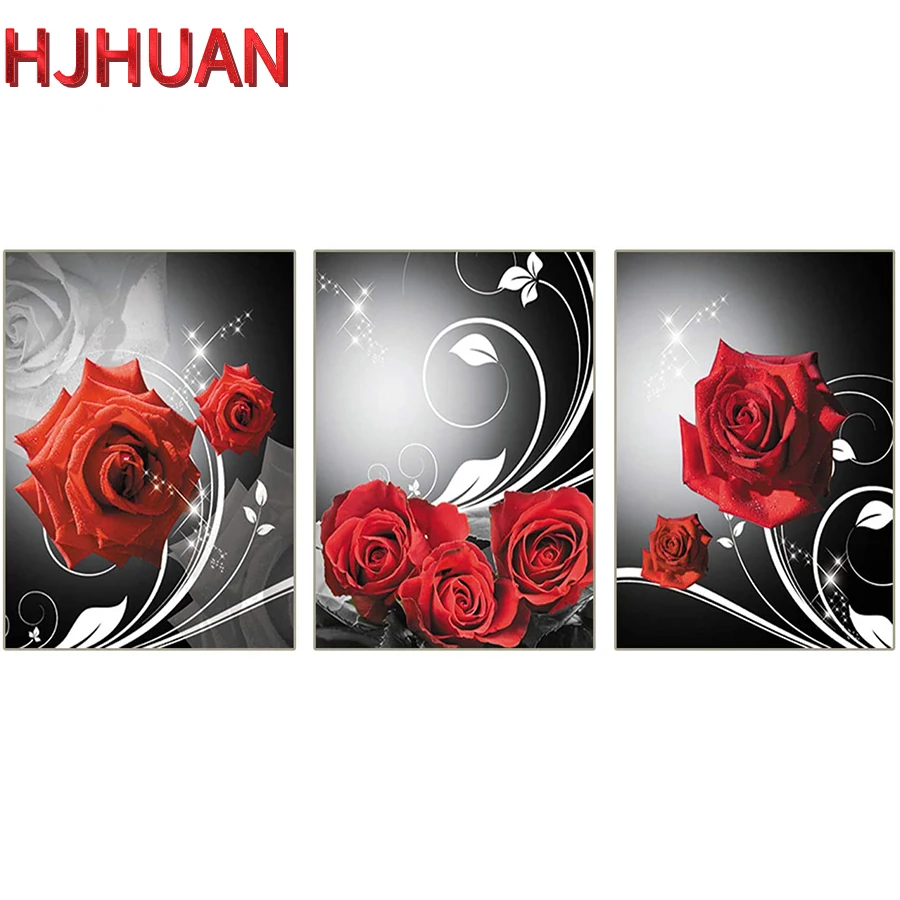 

3pcs diamond painting Red rose cross stitch DIY craft square drill full diamond embroidery mosaic crystal beads home decoration