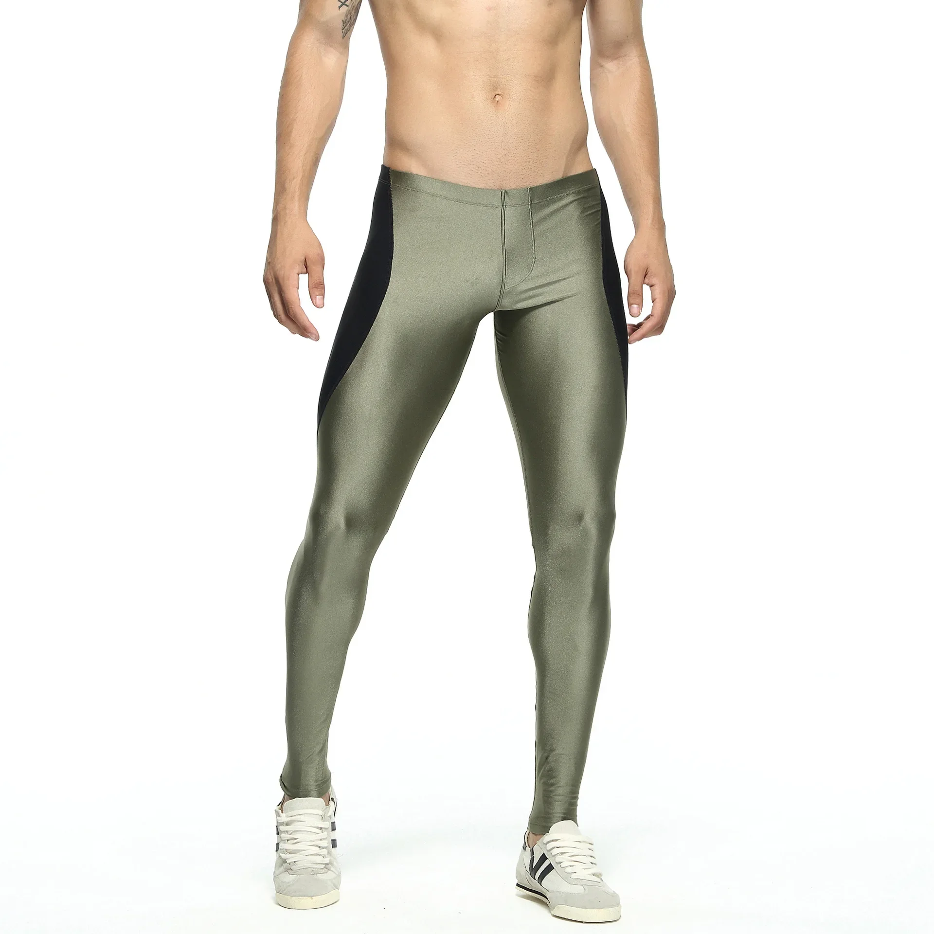 Calça esportiva elástica apertada masculina, Adolescente, Cintura baixa, Fundo longo, Leggings de lingerie, Roupa elástica, Cor bloqueada