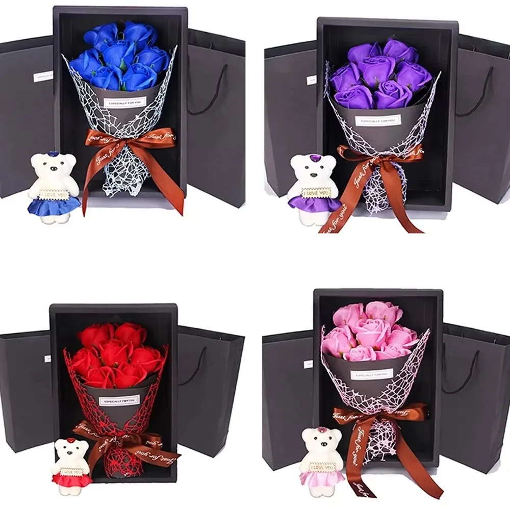 Valentinstag Künstliche Blumen 7 Rosen-Seifen-Bouquet Geschenkbox Teddybär-Blume Kreatives Valentinstag-Geschenk Heimdekoration – Detail 8