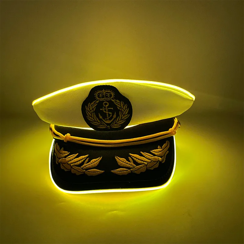 Nuevas gorras blancas luminosas de capitán marinero yate, bordado de trigo, LED brillante, sombrero marino azul marino, sombreros para disfraz de Halloween para hombres y mujeres