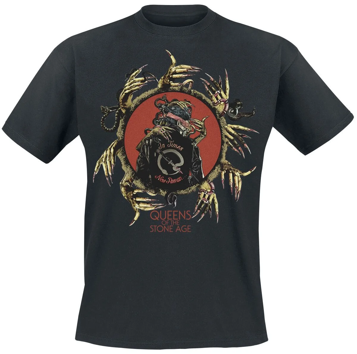 Queens of The Stone Age Retro Synthwave cotton  Alt Rock T-Shirt with Desert Eclipse Print & Band Logo tee