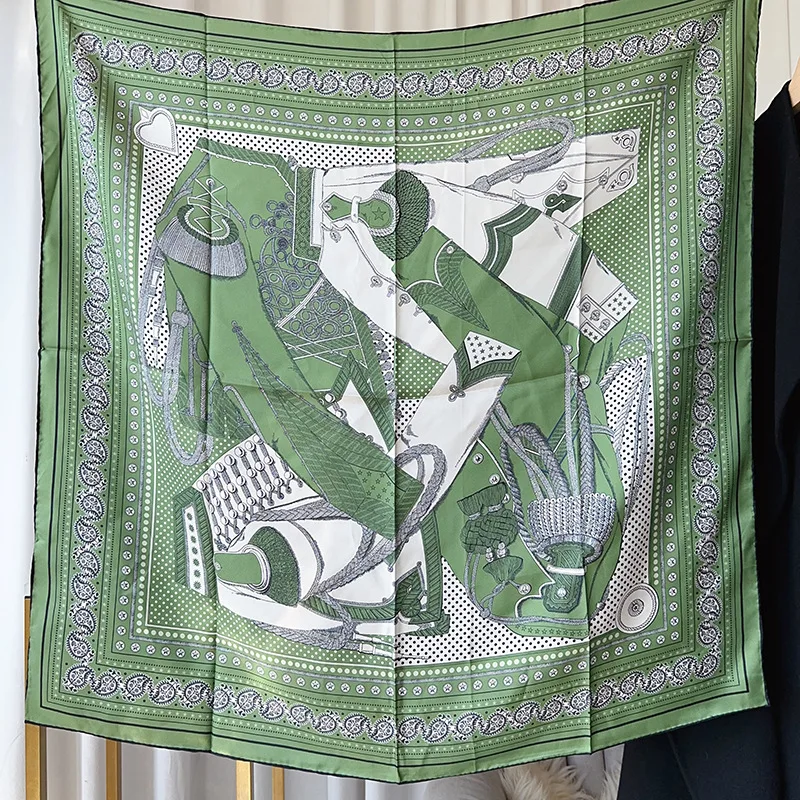 Lenço de seda verde 90cm, bandanas de cabelo quadradas, bordas enroladas à mão, lenços de roupas femininas, acessórios de bolsa, presente de amante de natal