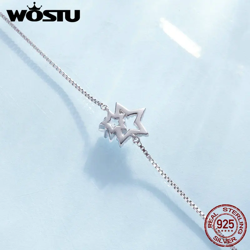 WOSTU-Pulseras de cadena de circonia cúbica para mujer, de Plata de Ley 925, Doble Estrella, Bling, brillante, eslabones de muñeca, joyería de fiesta de boda