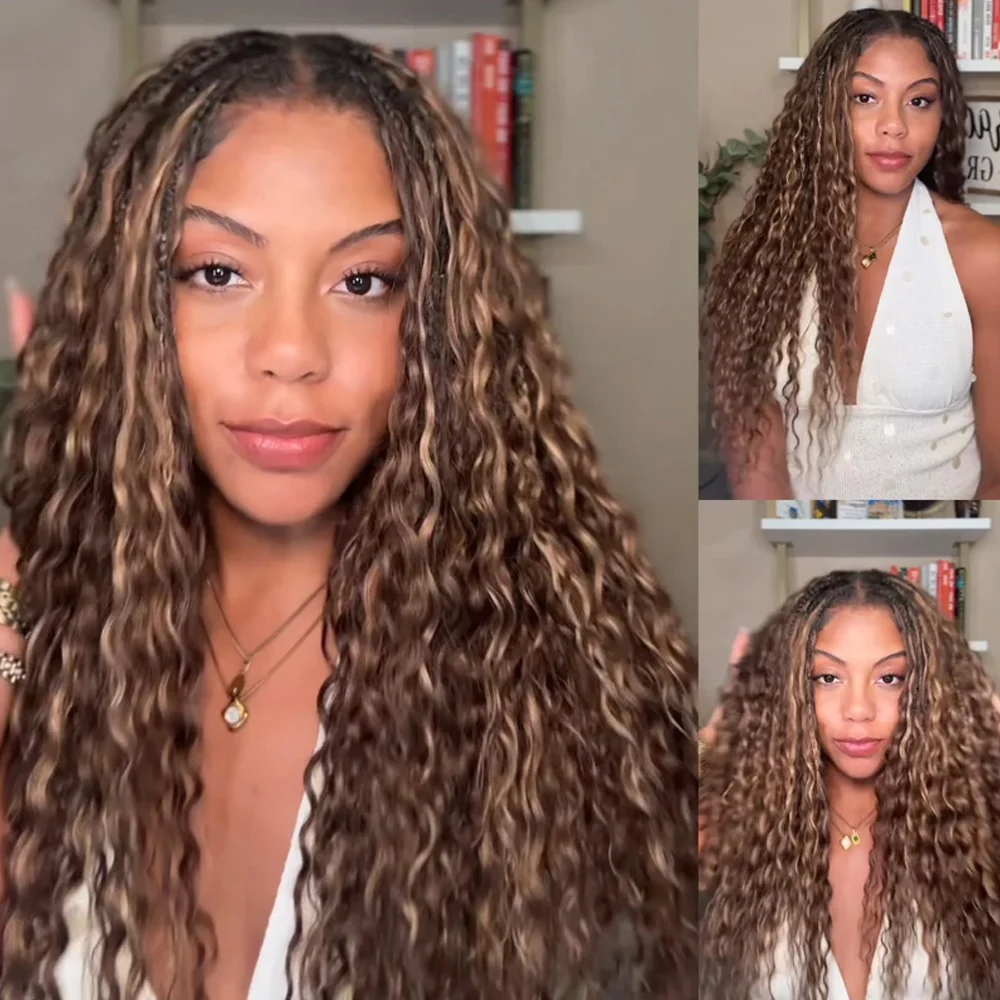 #4/27 Highlight Colored  Boho Braids Deep Wave Feather Crochet Human Hair Extensions Pre-Separated Invisible Miracle Knots Crochet Hair 100% Raw Brazilian Human Hair for Braiding Lightweight Reusable Versatile Time-Saving Hairstyles for Women - view 6