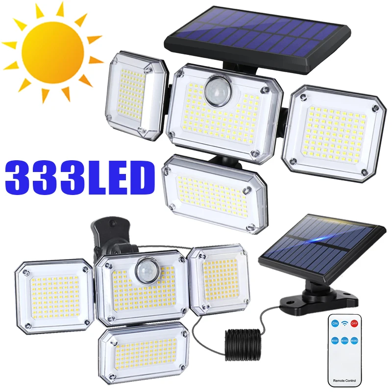 Luz Solar led para exteriores, lámpara de jardín impermeable IP65, cabeza ajustable, gran ángulo de iluminación, 3 modos, superbrillante, 333led