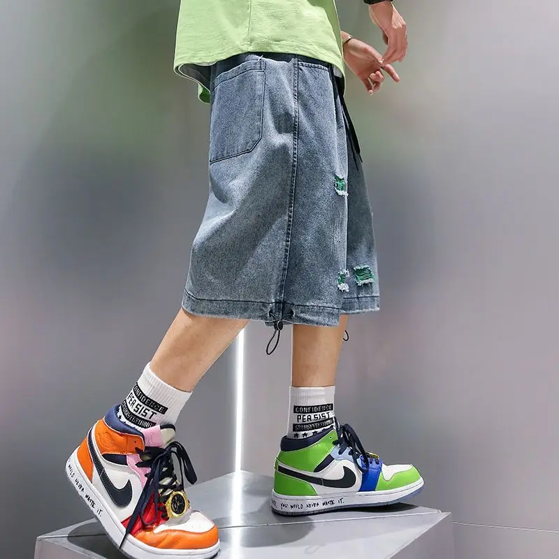 

Men's Ripped Denim Shorts High Street Loose Fit Wide Leg Jean Shorts Summer Thin Casual Hip Hop Five Points Pants