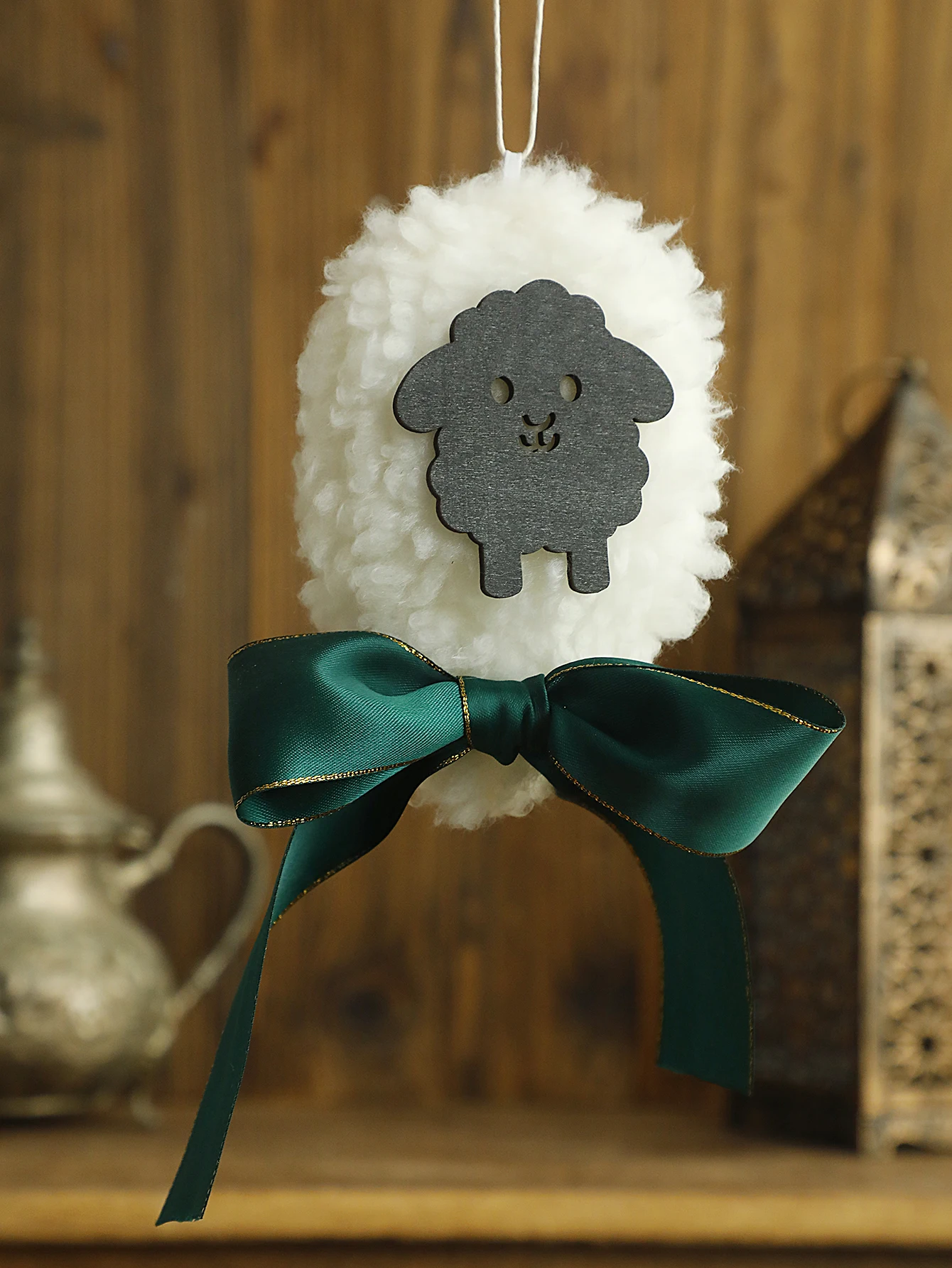 

1pc Handmade Black Sheep Hanging Ornaments, Velvet Wall Decorations with Green Satin Bow, Home Decor for Eid Mubarak Party Gift