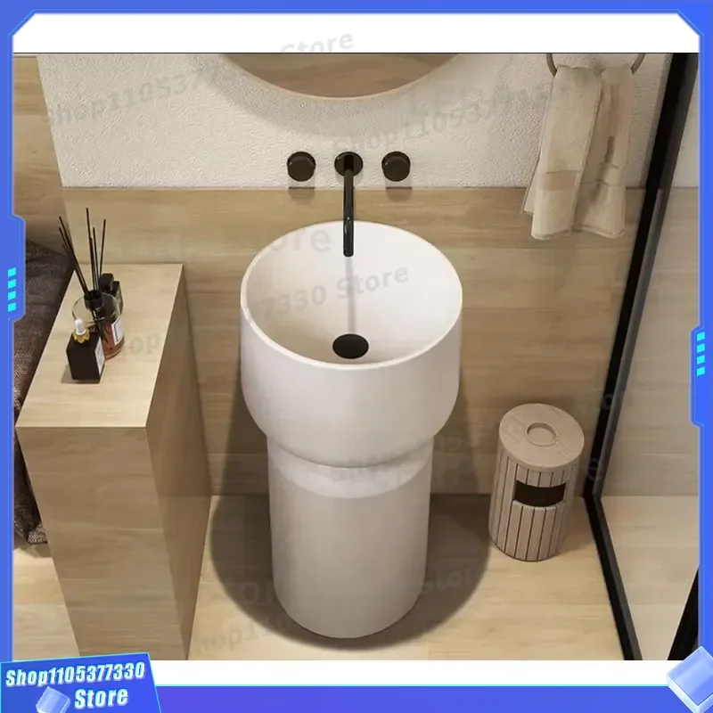 Modern Matte White Freestanding Wash Basin European Artificial Stone Bathroom Sink Hotel Pedestal Sanitary Ware 2024 Design