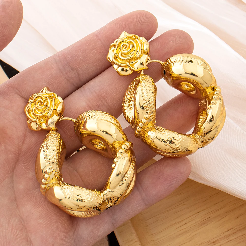 18K Gold Plated Earrings Jewelry Big Hoop Earrings Rose Pendant Earrings Women's Fashion Daily Wear Accessories Gifts