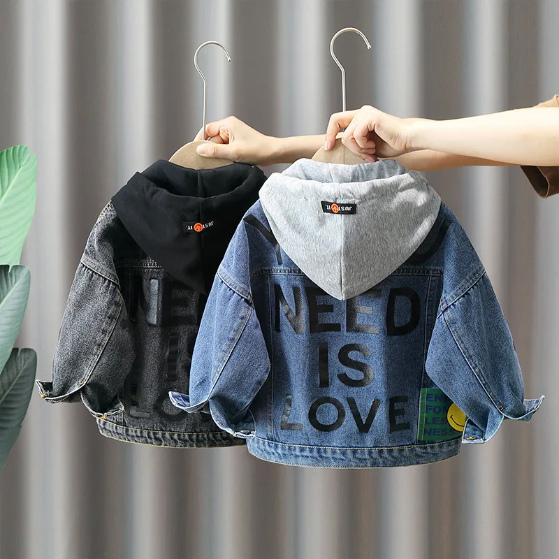 

Boys Denim Spring Autumn Jacket 2023 New Fashion Kids Clothes Hooded Letters Print Single Breasted Children'S Coat High Quality