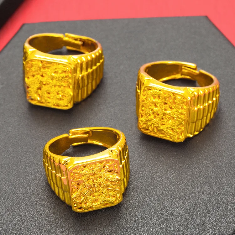 Fashion design 9999 24K real gold Classic retro Fortune Fortune Open men's ring personality nostalgic jewelry