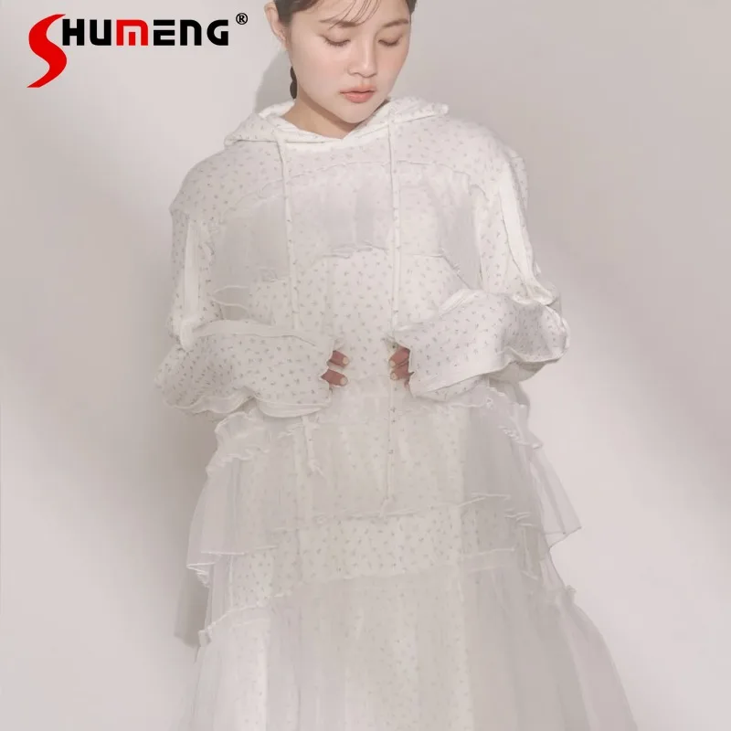 

Japanese Lolita Style 2026 Spring New Arrival Hoodies Dress Mesh Patchwork Hooded Floral Loose Easy Matching Sweatshirt Dresses