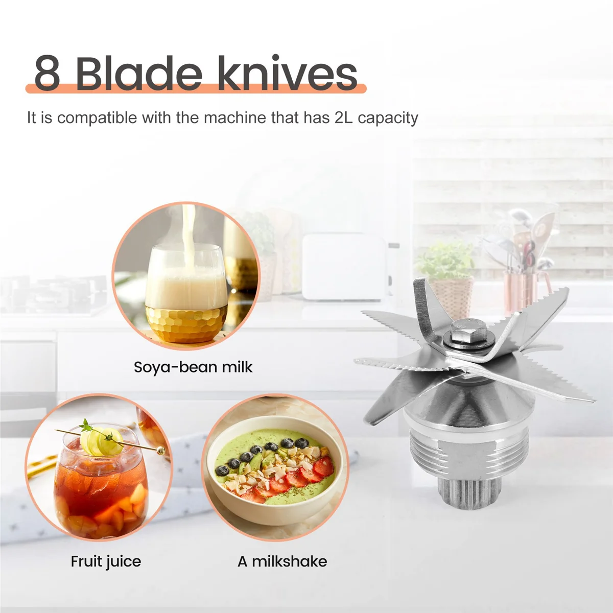 Mélangeur à glace en acier inoxydable, lames de glace, couteau opaque, 8 lames, machine universelle 2L, Ju479, 767