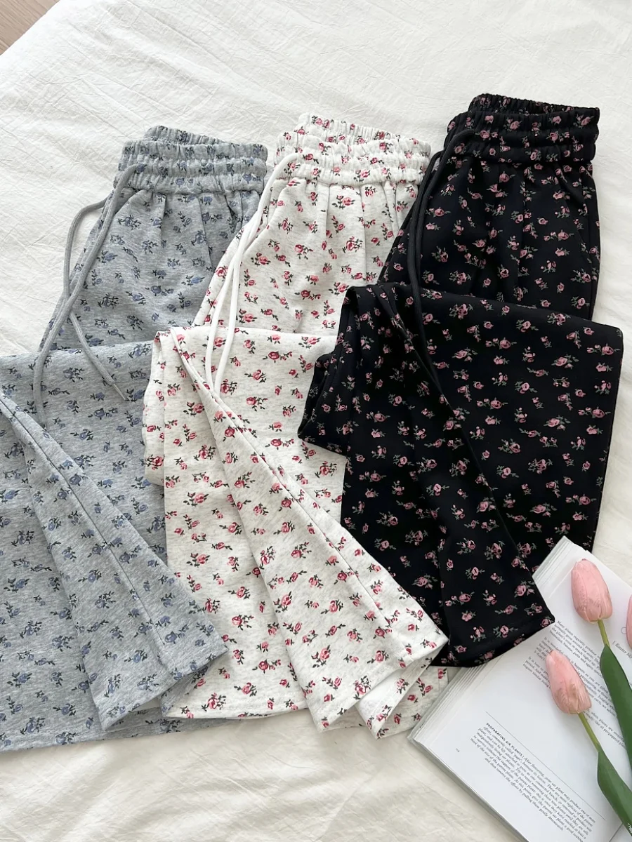 Pantalones casuales de flores de estilo americano para mujer, cintura elástica, pantalones sueltos rectos de pierna ancha, pantalones deportivos con