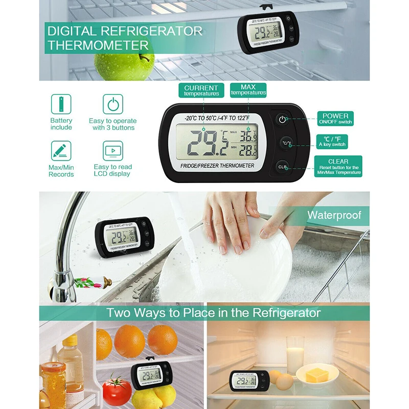 Digital Fridge Thermometer Max/Min Record Waterproof Mini Thermometer Large LCD Magnetic Back& Hook For Kitchen Home Restaurant