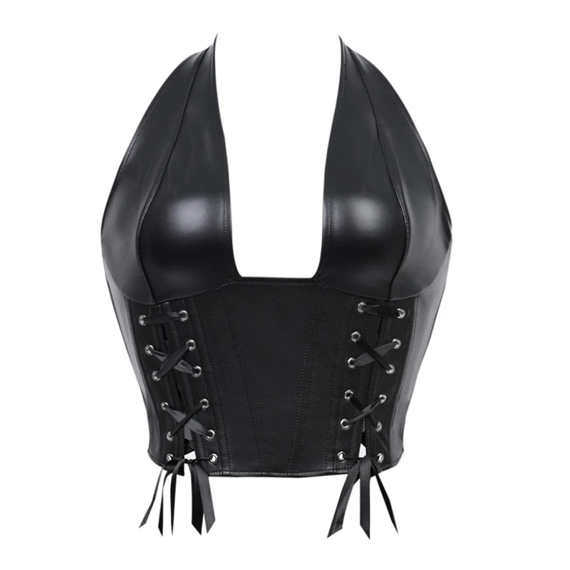 

Ретро-панк, черный корсет из искусственной кожи, укороченный топ, женские топы без рукавов с глубоким v-образным вырезом, Холтер с открытой спиной, модные вечерние клубные майки