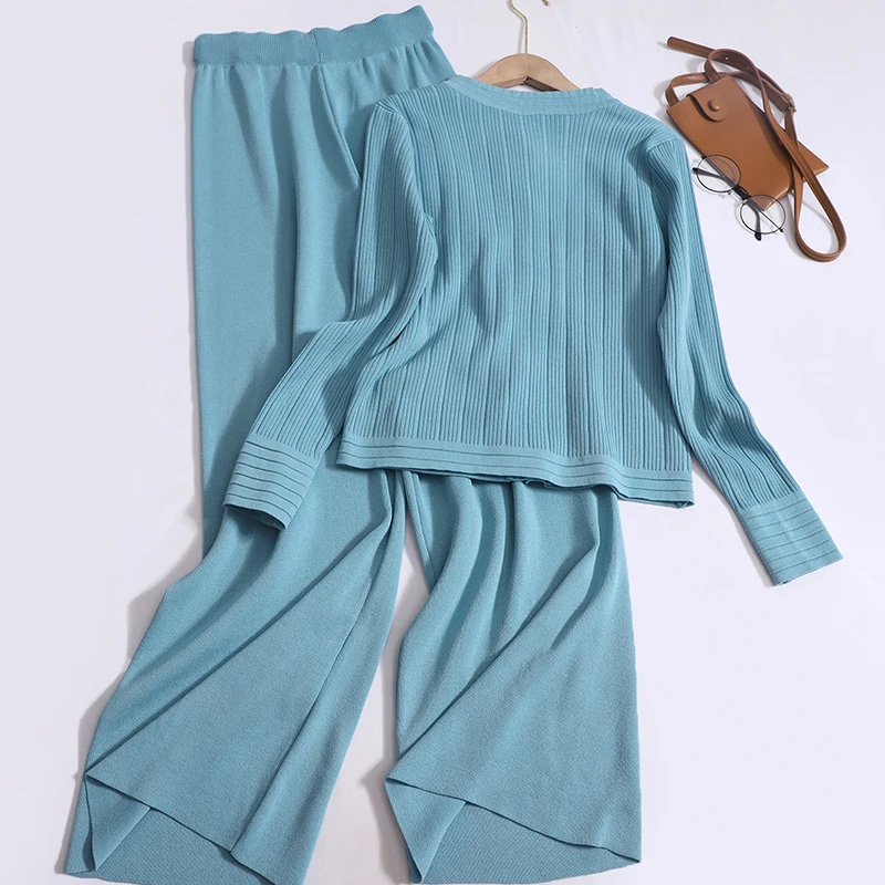 2023 New Fashionable Casual Sports Knitted Two Piece Set Women\'s Single Breasted Round Neck Knit Cardigan + Wide Leg Pants Suits