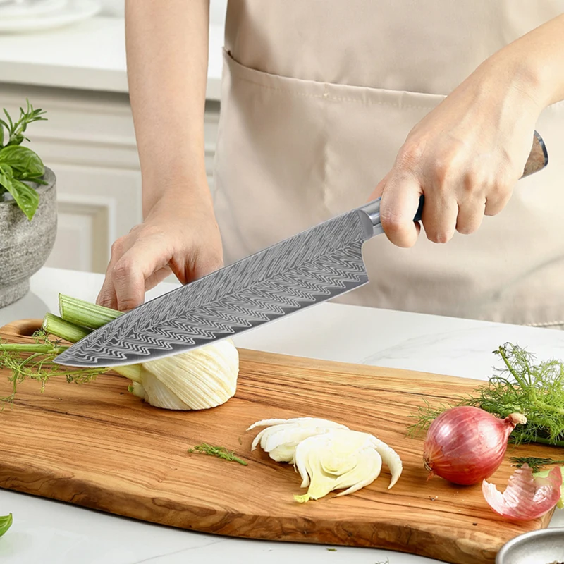 Chefs Cleaver Knife AUS10/ Germany 1.4116 Steel 19.5cm Blade Slicing Laser Pattern Kitchen Knives Resin & Stabilized Wood Handle