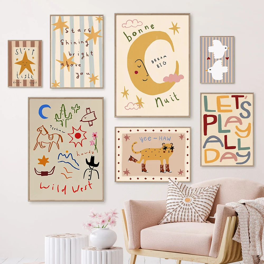 Frameless canvas paintings,Wild West Cowboy Cheetah Doves Print Nursery Kids Bedroom Wall Art Illustration Let's Play Quotes Pos