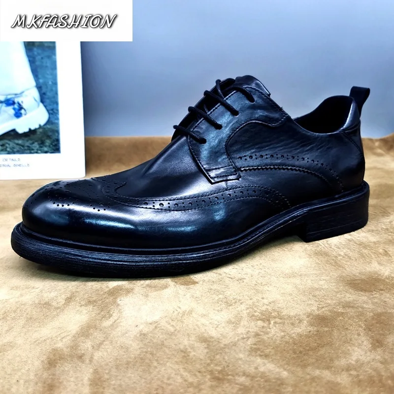 Men's Carved Business Formal Genuine Leather Shoes Round Toe Lace Up Height Increasing Footwear